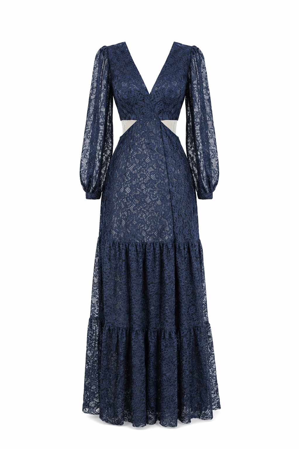 Vestido largo cut-out en encaje español con fondo de lurex de seda