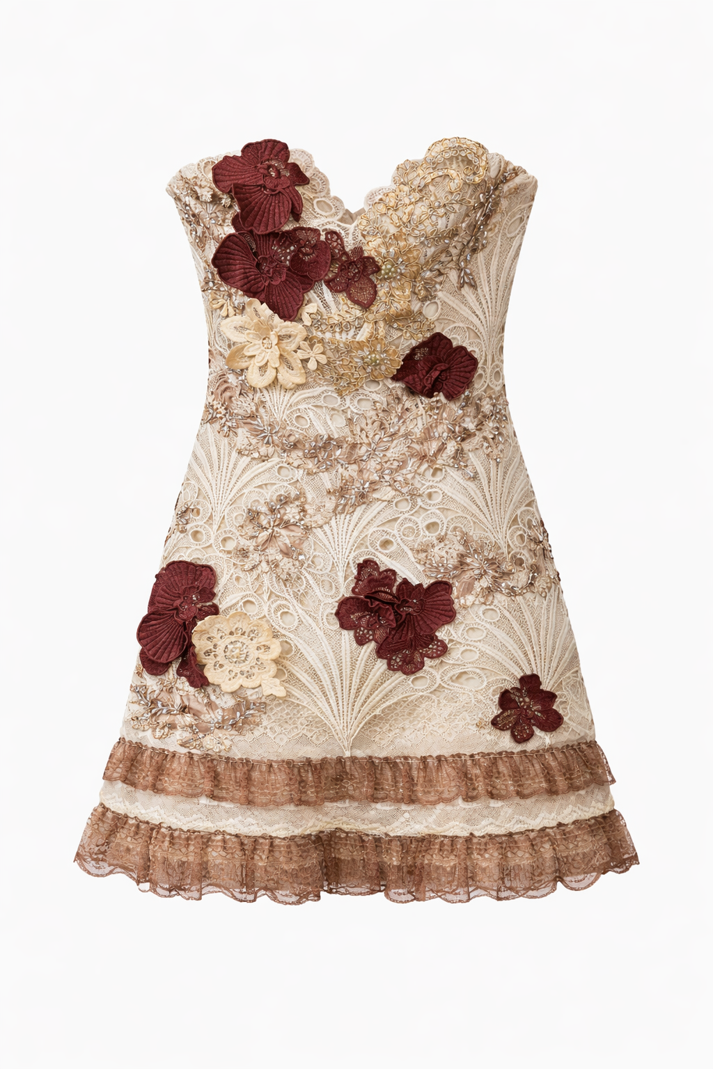 Vestido Corto Strapless de Encaje Bordado con Flores Aplicadas y Volados