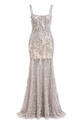 Vestido sirena en tul bordado con aplicaciones de canutillos y vidrillos