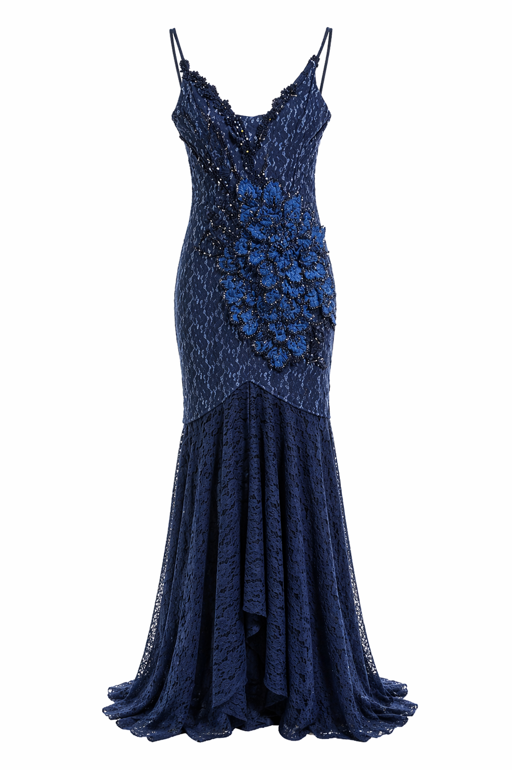 Vestido largo sirena en encaje azul noche con fondo de lurex de seda