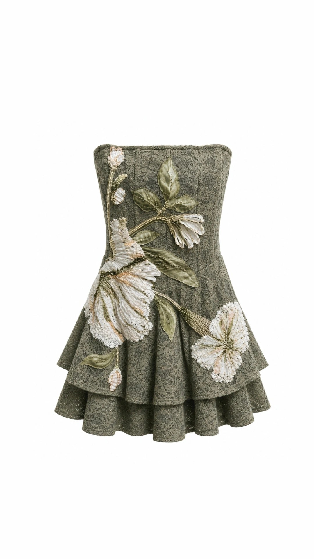 Vestido Corto Strapless de Encaje Bordado