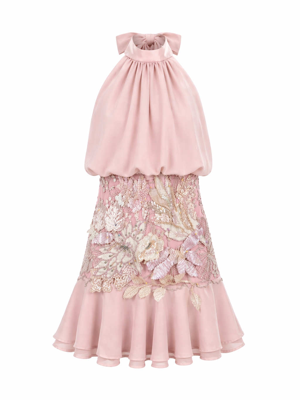 Vestido Halter de tul bordado y gasa