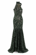 Vestido Halter de encaje floral con volado y transparencias
