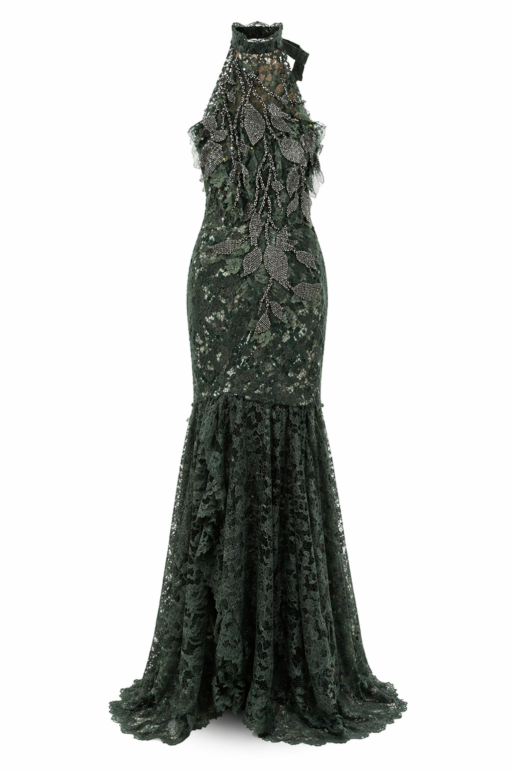 Vestido Halter de encaje floral con volado y transparencias