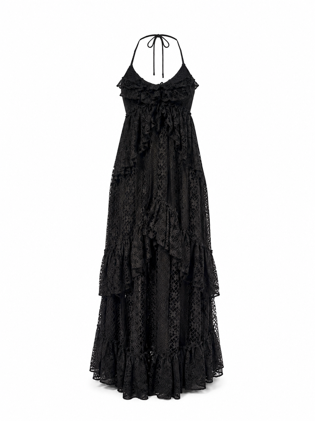 Vestido largo en encaje Chantilly con volados