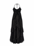 Vestido largo en encaje Chantilly con volados