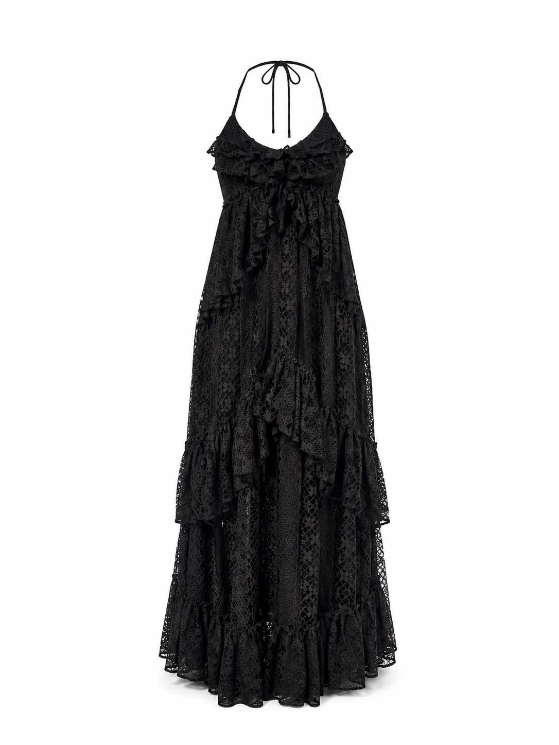 Vestido largo en encaje Chantilly con volados