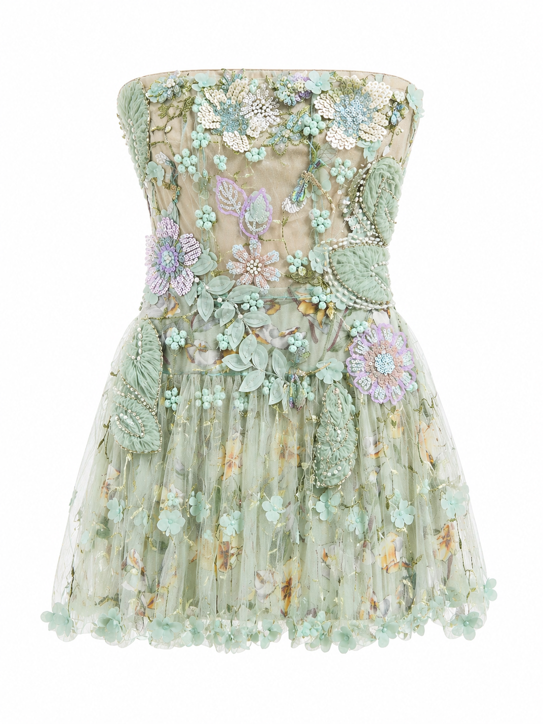 Vestido Corto de tul bordado Bordado con Aplicación Floral Escultural