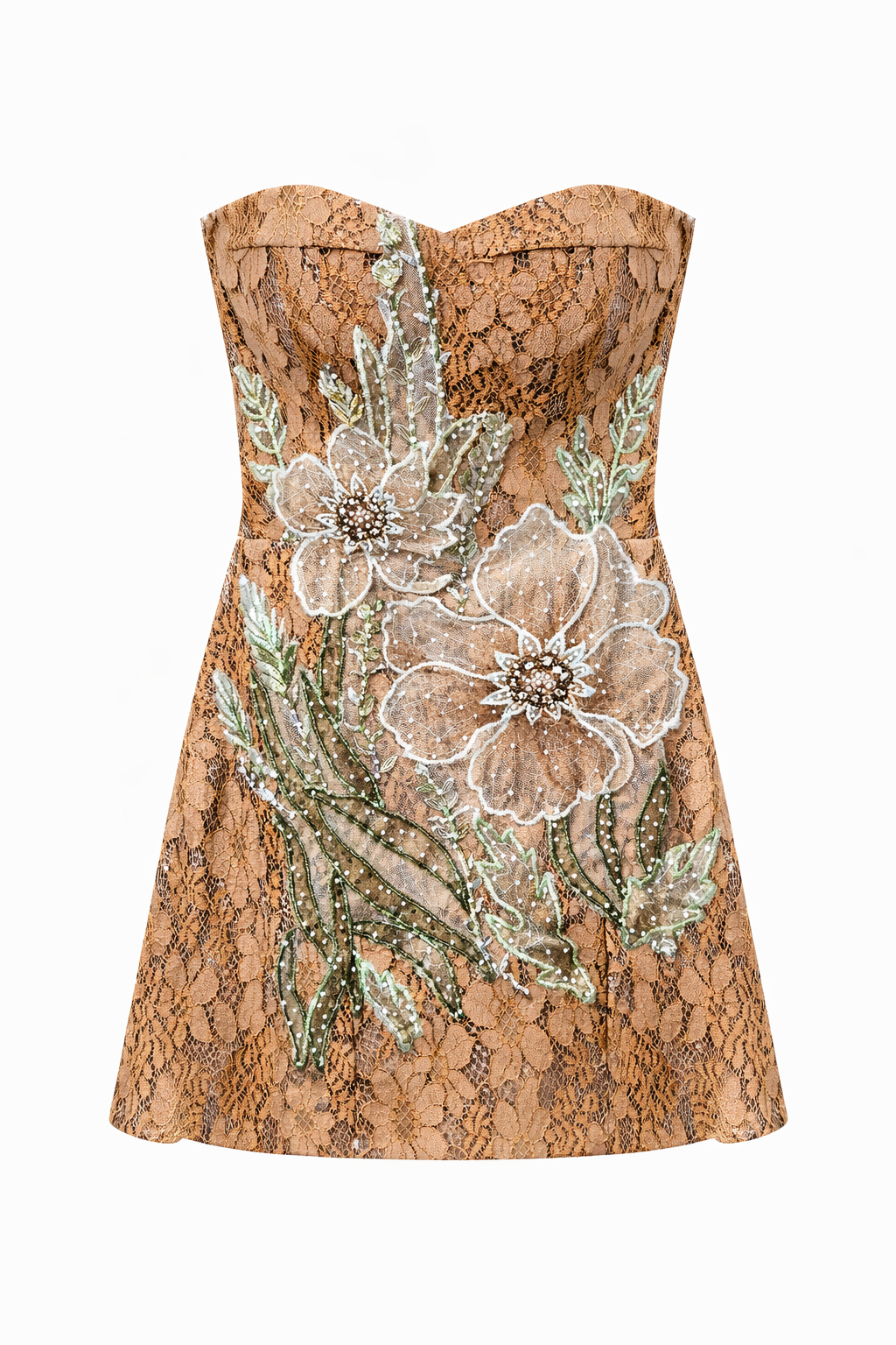 Vestido Corto en tonos Tierra con Bordado Floral Botánico