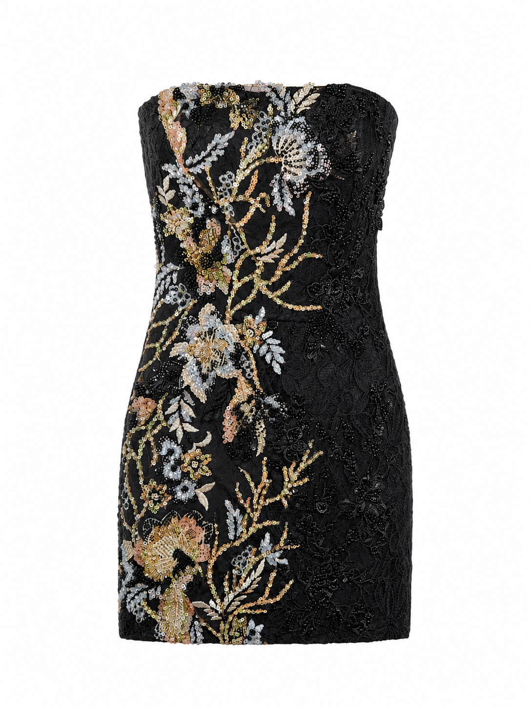 Vestido Corto Strapless de Encaje Bordado